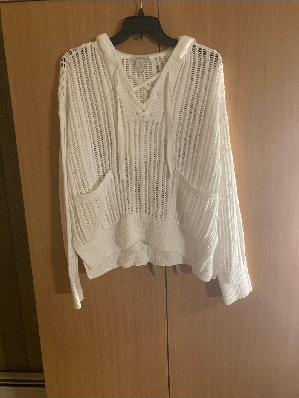 Sundance White Open-Knit Lace Up Hoodie Sweater with Front Pockets